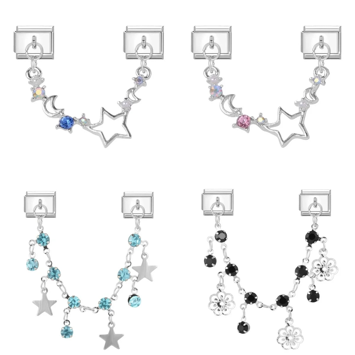 Women New Colorful Round Zircon Sliver Stars Flower Tassel Chain Italian Charm Fit 9mm Stainless Steel Bracelet DIY Jewelry Gift Qme