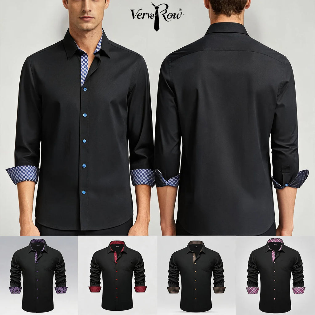 Soft Solid LS Plaid Collar Cuff Patch Shirts Black or Dark Gray Daily Office Casual Button Wear Tops Qme
