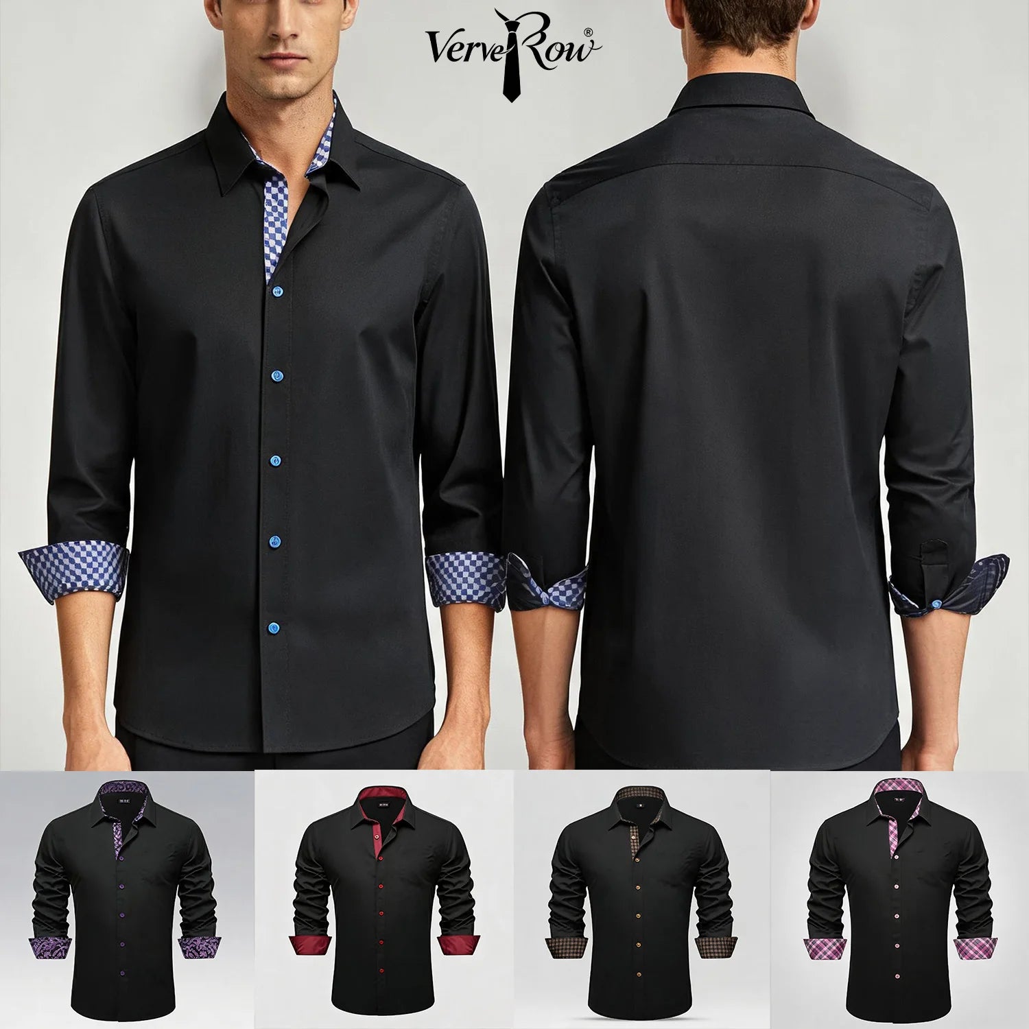 Soft Solid LS Plaid Collar Cuff Patch Shirts Black or Dark Gray Daily Office Casual Button Wear Tops Qme