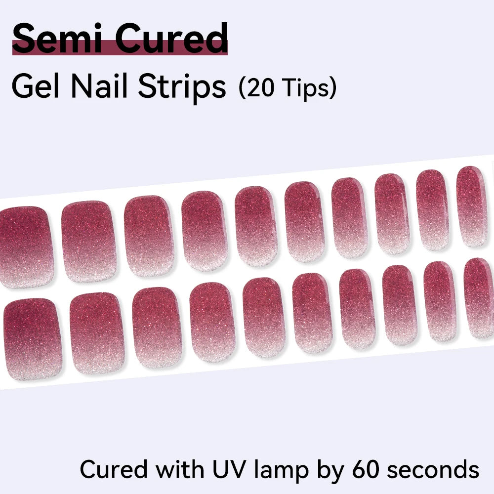 20Tips Sparkly Semi-cured Gel Nail Wraps Full Cover Shinning Pink Qme NC240205