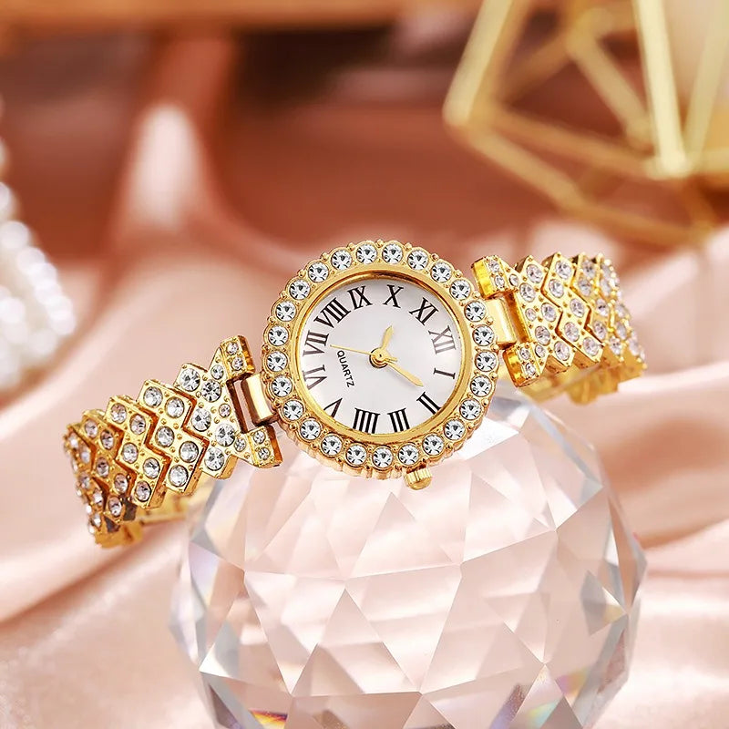 5Pcs Women Rhinestone Watch Jewelry Set Roman Dial Quartz Watch Crystal Bracelet Earring Bangle Ladies Gift Watch Qme