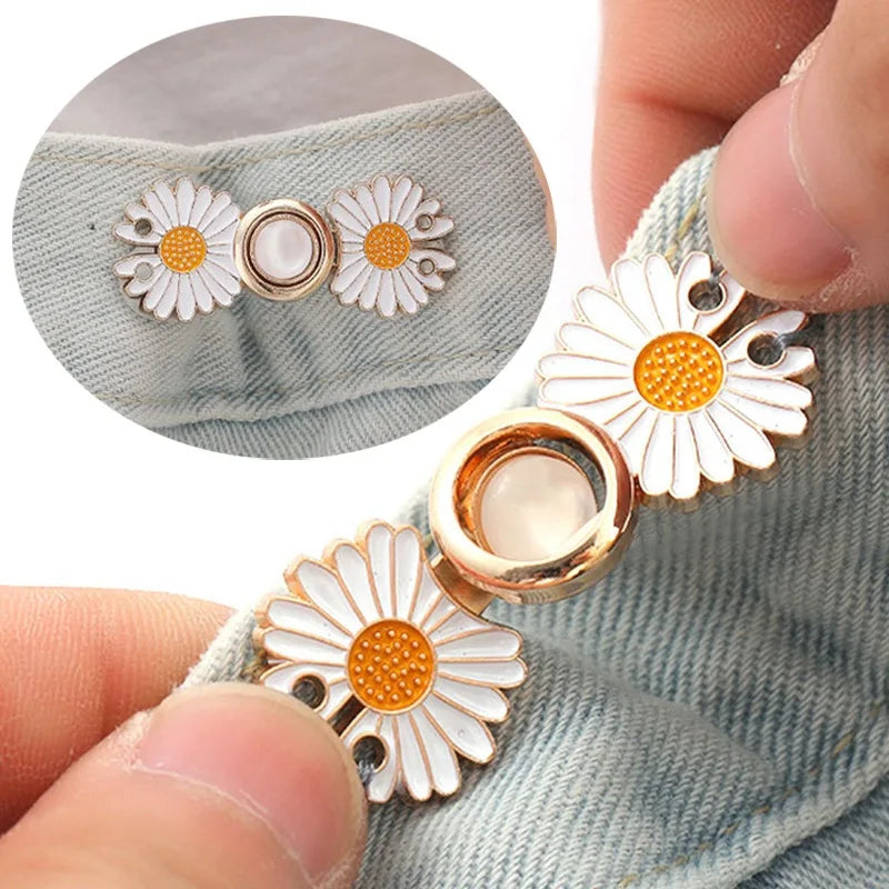 Reusable Metal Flower Buttons Pearl Snap Fastener Pants Pin Retractable Sewing-on Buckles for Jeans Fit Reduce Waist Accessories Qme