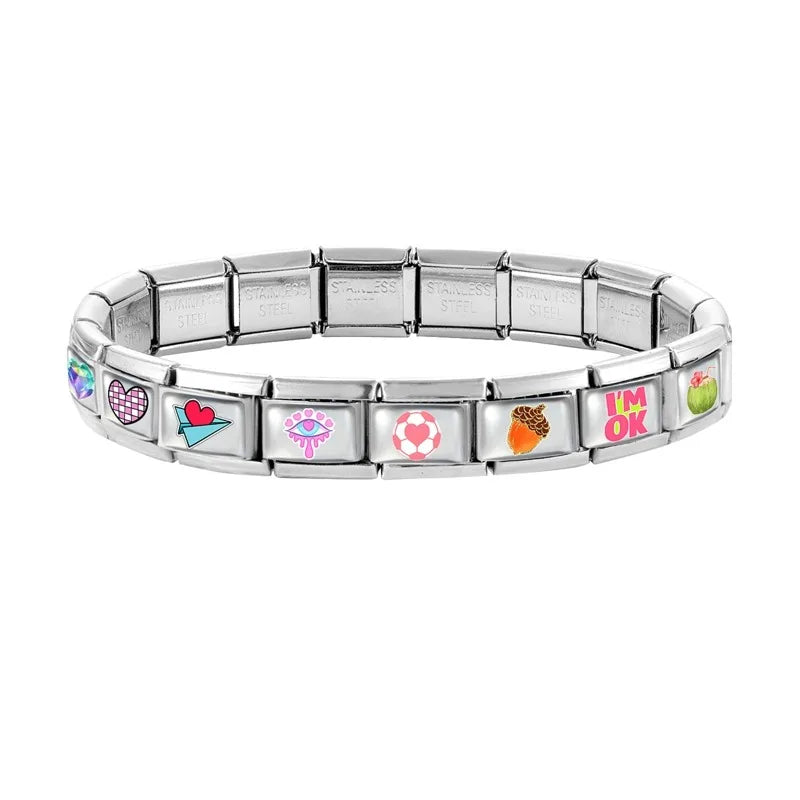 Wholesale 1pc Colorful Diamond Heart Kiwi Fruits Pinecone Italian Link Fit 9mm Bracelet Making DIY Stainless Steel Charm Jewelry Qme