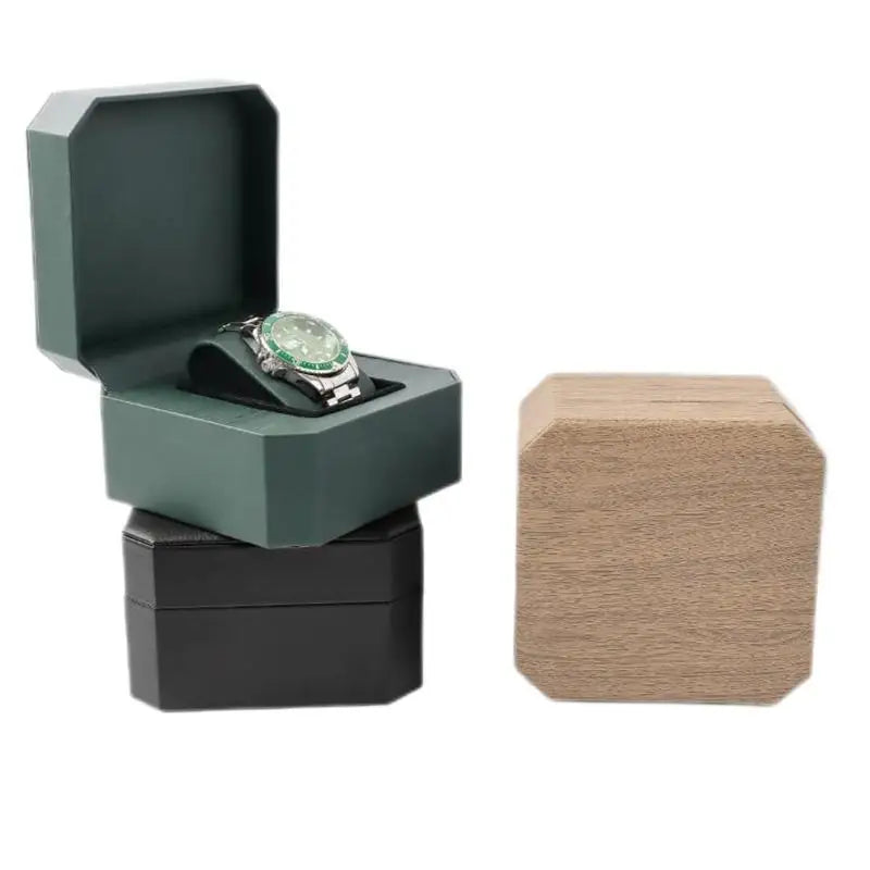 2-Piece Octagonal Green PU Leather Watch Box,Watch Case Portable Premium Gift Case for Wristwatch & Bracelet Storage,Display Box Qme