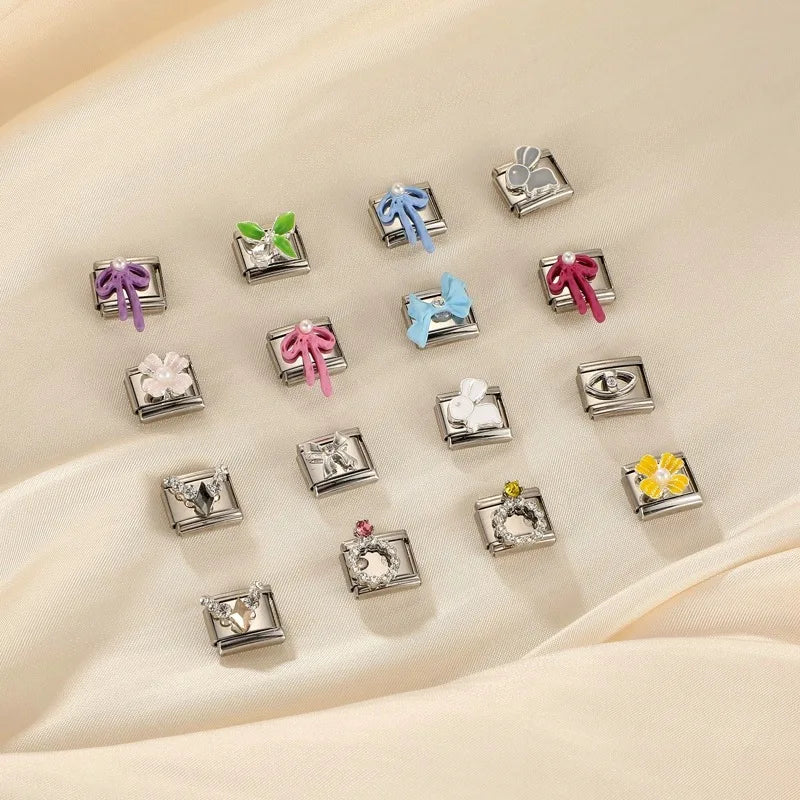 1Pcs 9×10mm Colorful Bowknots Pearl Italian Stainless Steel Charm Beads For Women Bracelet Jewelry Manufacturing Accessories Qme