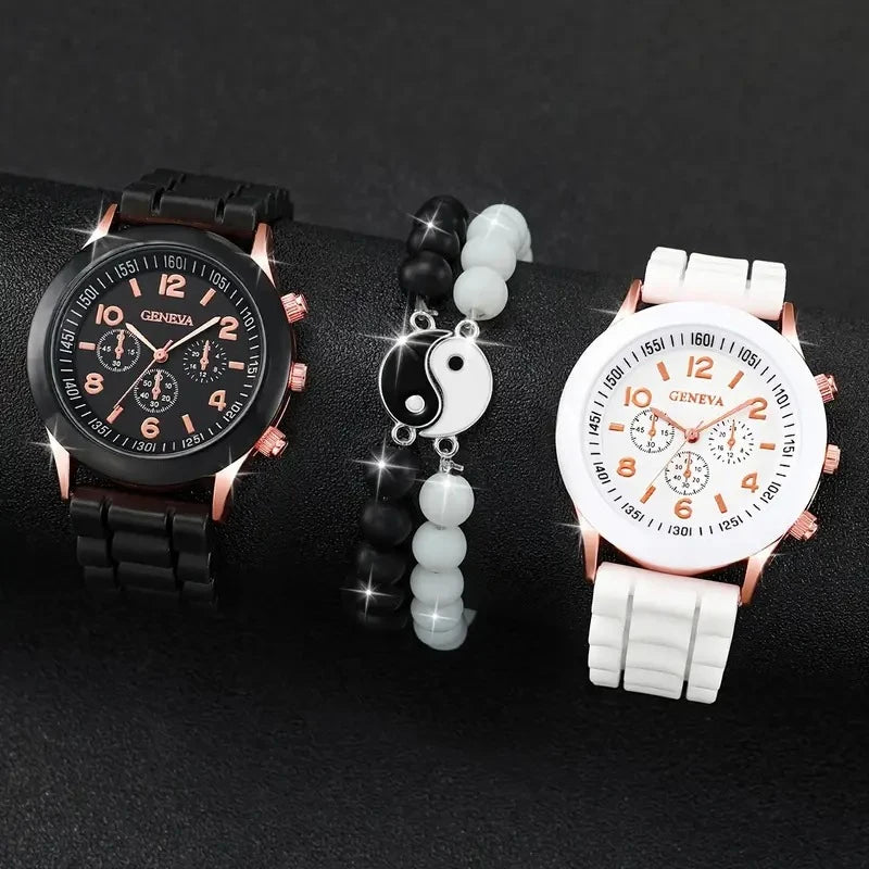 Geneva Couple Watch Set Silicone Band Men Women Quartz Wristwatch Sun Moon Pendant Necklace Jewelry Set Qme 2