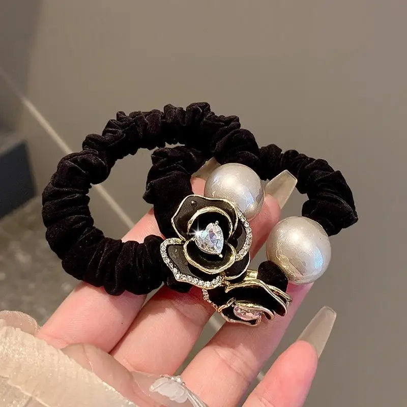 Deluxe Hair Ropes Women Black Pearl Tea Rose Designs Stylish Bands Qme