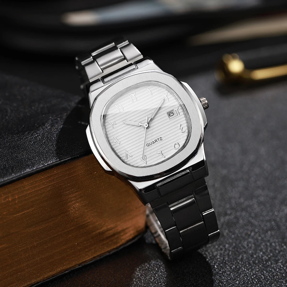 2-in-1 Casual Jewelry Set for Men, Silver White Dial Watch + Cuban Bracelet, Silver Tone Qme