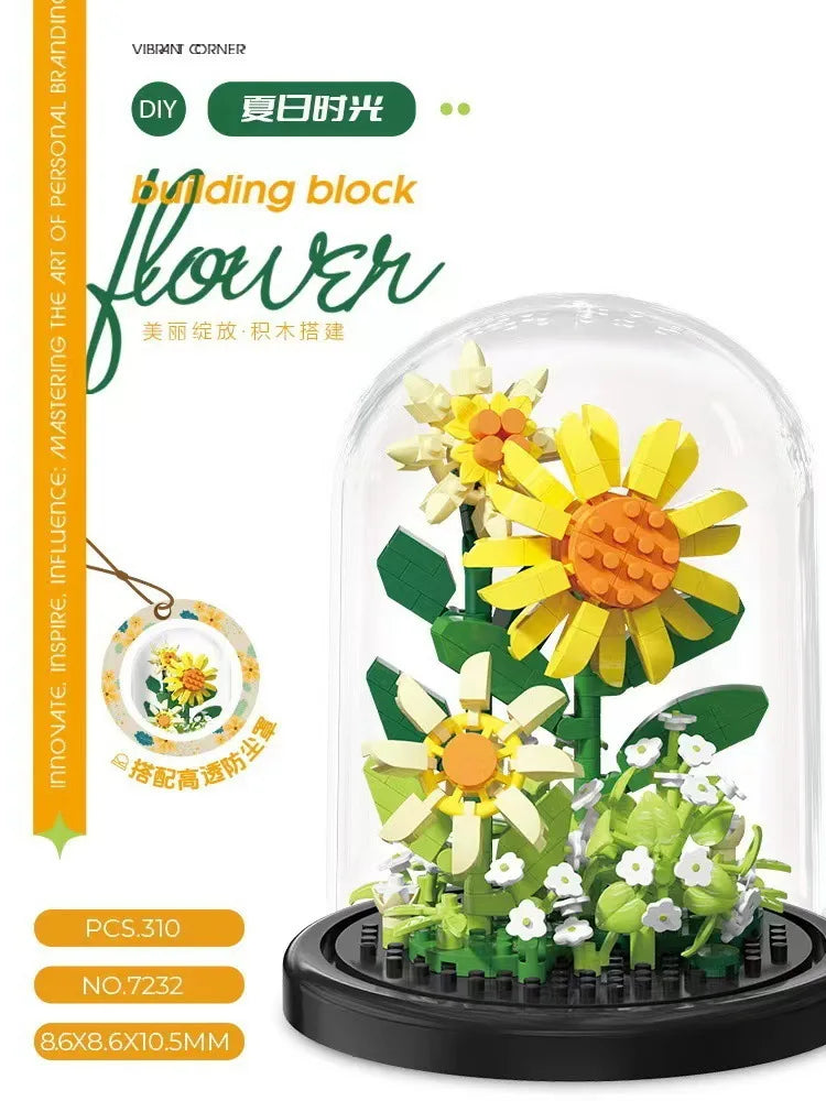 Flower Bouquet Bonsai Building Blocks Artificial Plastic Plant Dust Cover Micro Model Home Decoration Toys For Kid Birthday Gift Qme