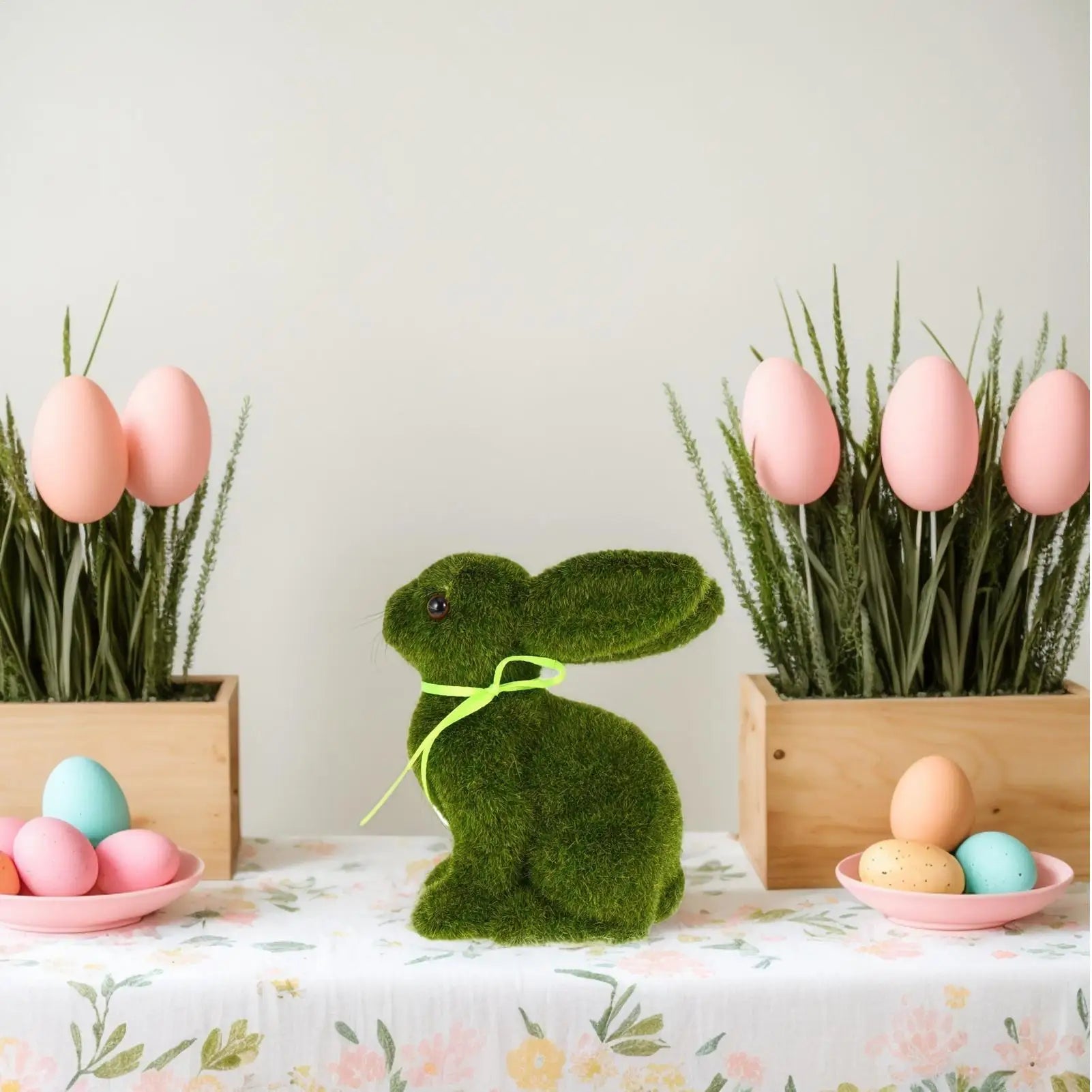Moss Rabbit Decor Tabletop Sculpture Ornament Garden Easter Rabbit Figurines Flocked Animal Statue Figurine for Outdoor Garden Qme