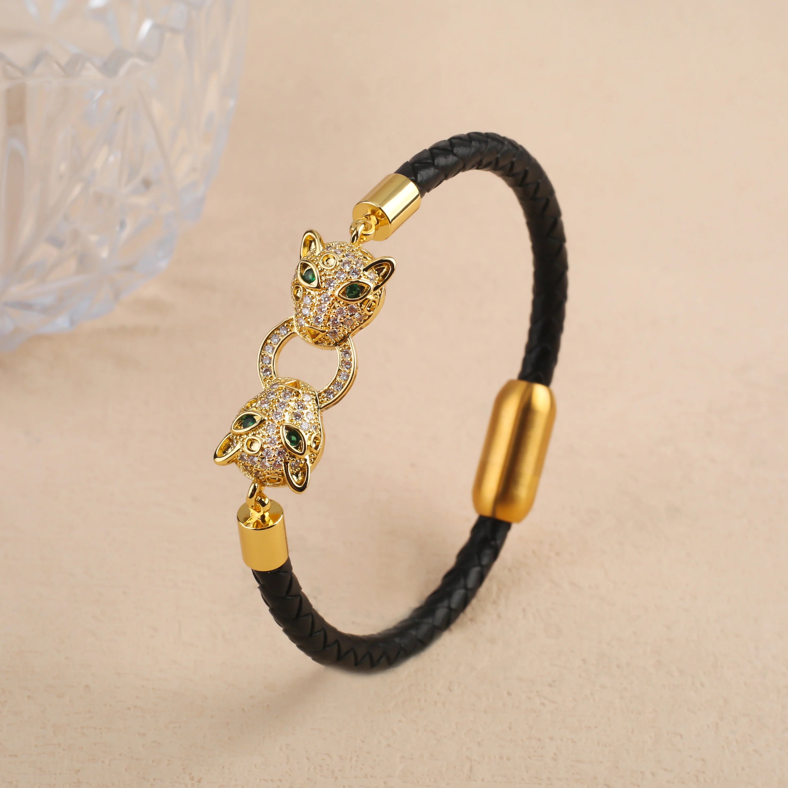 New Domineering Leopard Head Geometric Zircon Bracelet Stainless Steel Magnetic Clasp Bracelet Trendy For Men Women Jewelry Gift Qme
