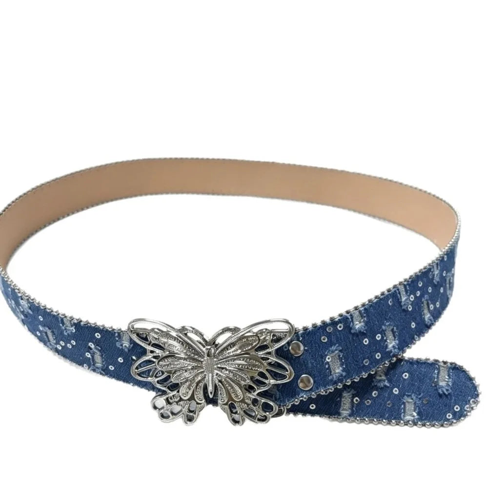 Fashion Sequins Butterfly Belt Y2K Hip Hop Wide Belt Punk Korean Style Denim Waistbands Daily Qme Blue