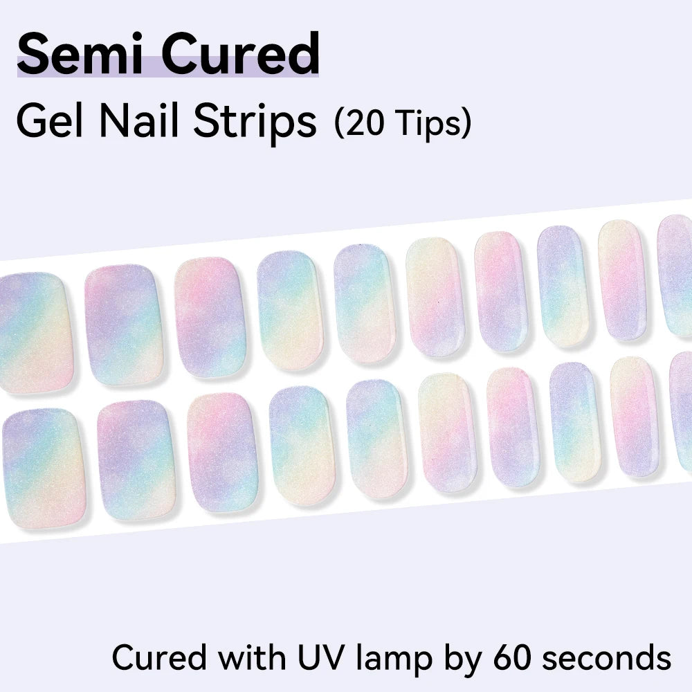 20Tips Sparkly Semi-cured Gel Nail Wraps Full Cover Shinning Pink Qme NC240083
