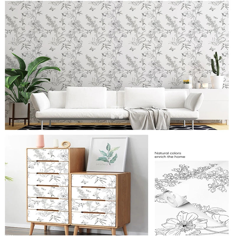 Black White DIY Floral Wallpaper Peel Stick Contact Paper Flowers Qme 2yan zhi chun 300cmx44cm