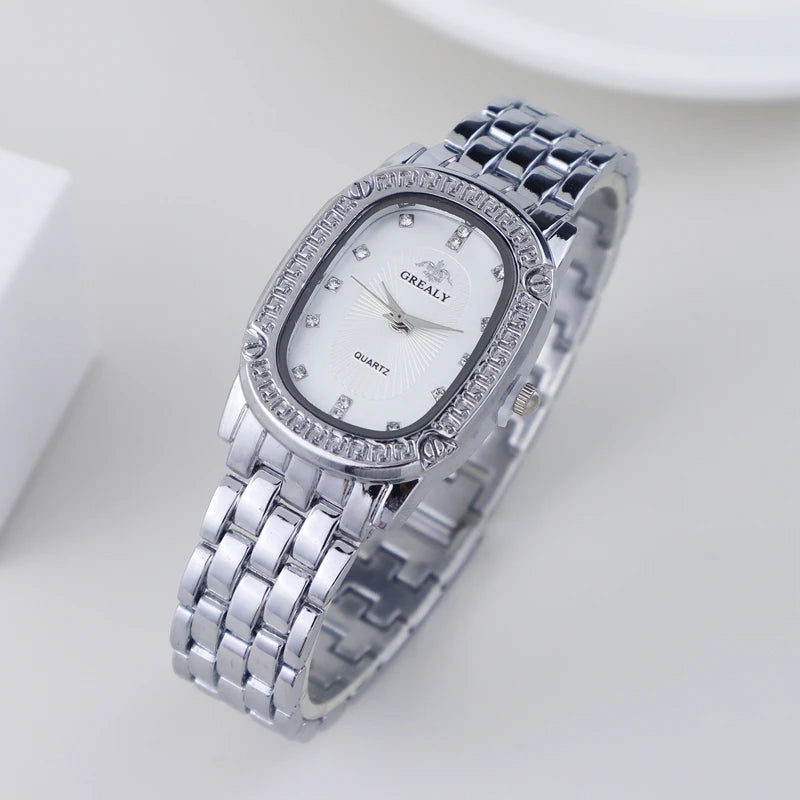 Luxury Fashion Metal Band Watches for Women Brand Simple Casual Oval Rhinestone Ladies' Quartz Wristwatch Qme