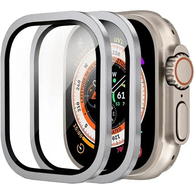 2PCS Tempered Glass For Apple Watch Ultra 49mm Screen Protector Anti-Scratch HD Metal Bumper Full Film for IWatch Ultra 49mm Qme 2PCS Silver Ultra 1 2 49MM