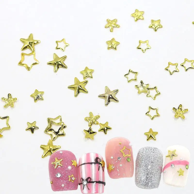 6 Grids Metallic Gold Silver Nail Art Rhinestones Pentagrams Rivet Qme