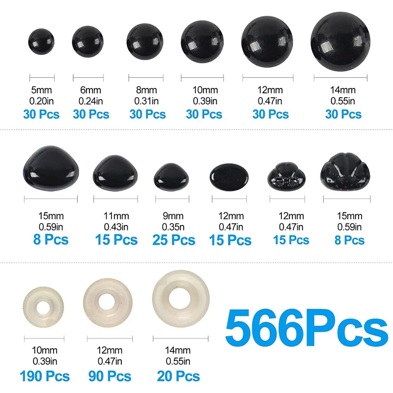 566PCS Safety Eyes and Noses Stuffed Crochet Eyes with Washers Craft Doll Eyes and Nose for Teddy Bear, Crochet Toy Jewelry DIY Qme
