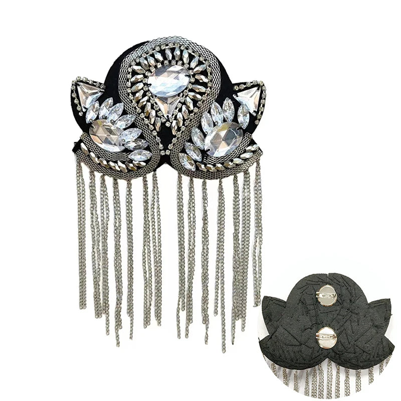 Epaulette Brooch Pin Bead Long Tassel Chain Electroplating Decor DIY Men Women Bling Epaulette Clothing Shoulder Jewelry Qme Silver with pin