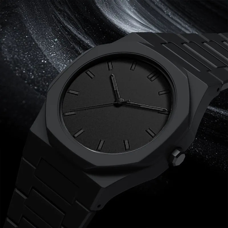 All black octagonal minimalist scale men's steel strip business quartz watch Qme