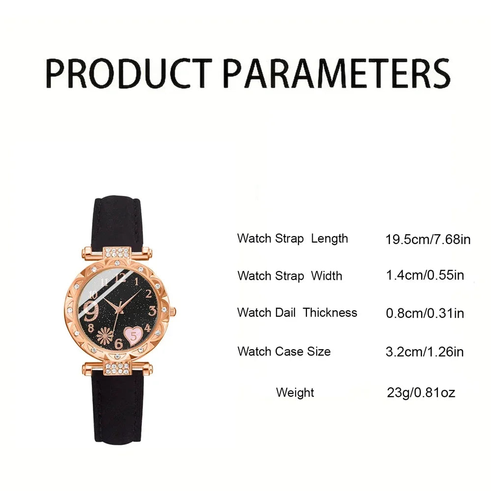 Conjunto de relógio de pulso analógico de couro feminino, pulseira de quartzo feminino, moda feminina, 6pcs Qme