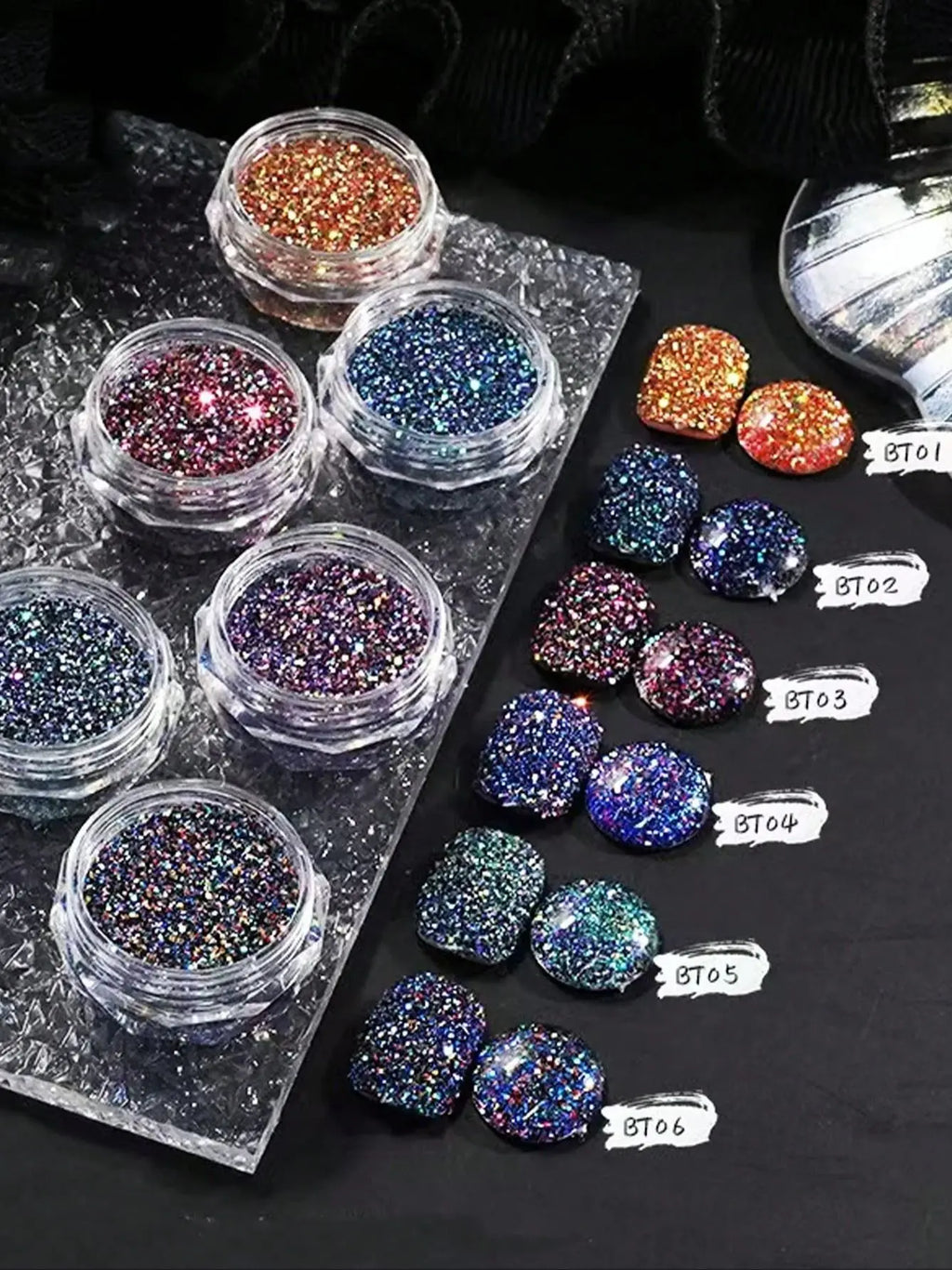 Colored Diamond Nail Powder Crushed Reflective Glitter Dark Luminous Qme 1 set