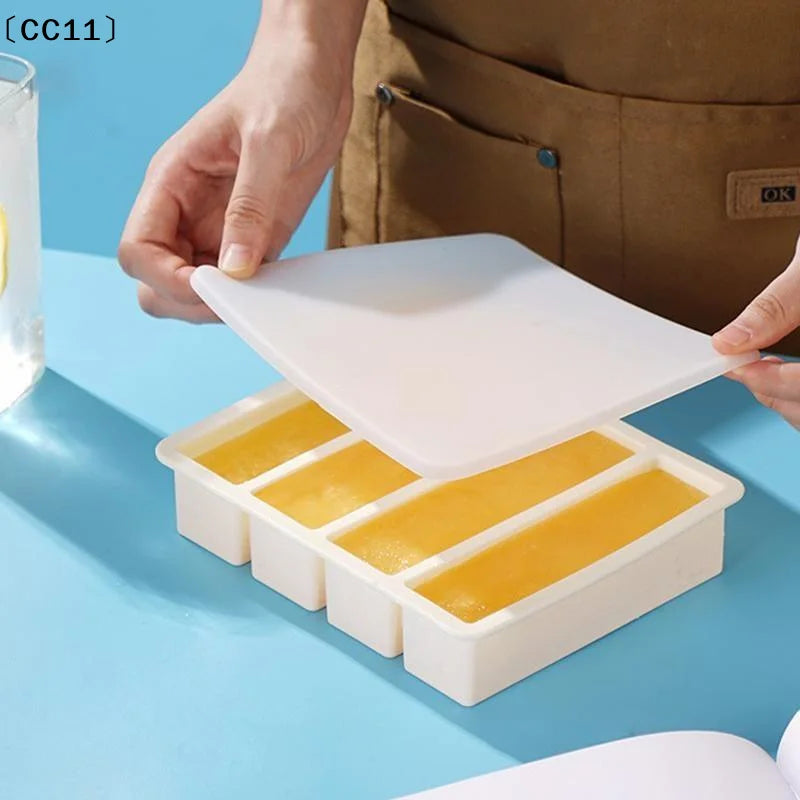 Food Storage Ice Cube Mold Giant Silicone Freezer Trays Lid 4-Cubes Qme