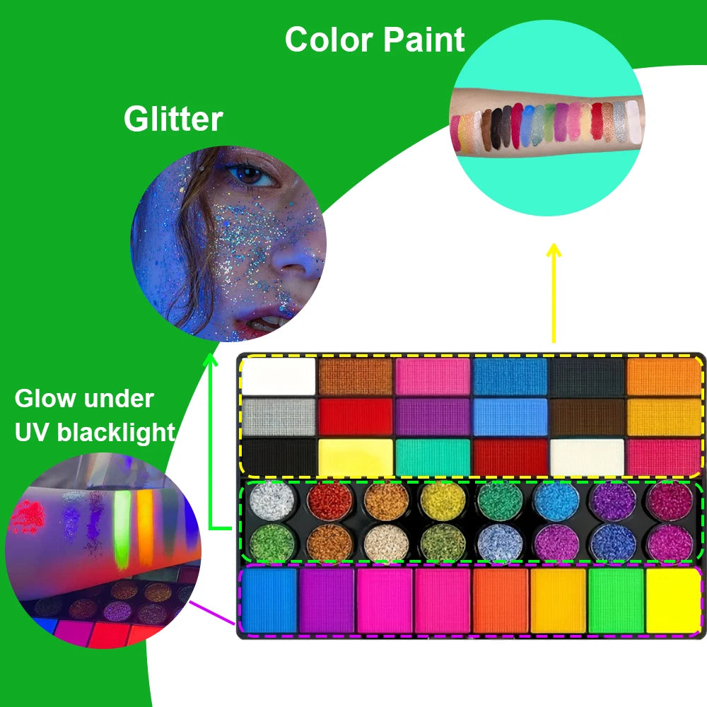 42 Colors UV Neon Face Paint Set Water Soluble Fluorescent Glitter Art Makeup for Body Painting Festivals Halloween Qme