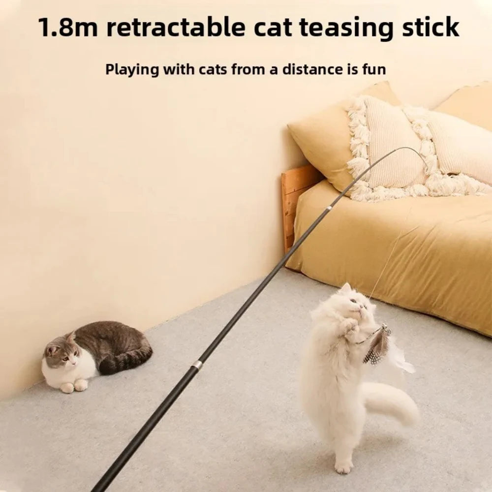 Durable 1.8M 4-Section Telescopic Cat Teaser Wand Catnip Interactive Fishing Rod Toy for Kitten Pet Plaything Qme