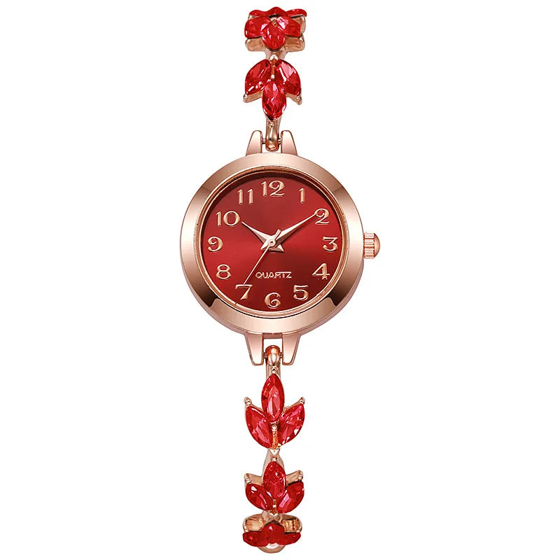 @//Elegant Women Watches Luxury Rhinestone Bracelet Bracelet Quartz Watch Reloj Mujer Girls Clock Gift（Without Box） Qme Rose Gold Red