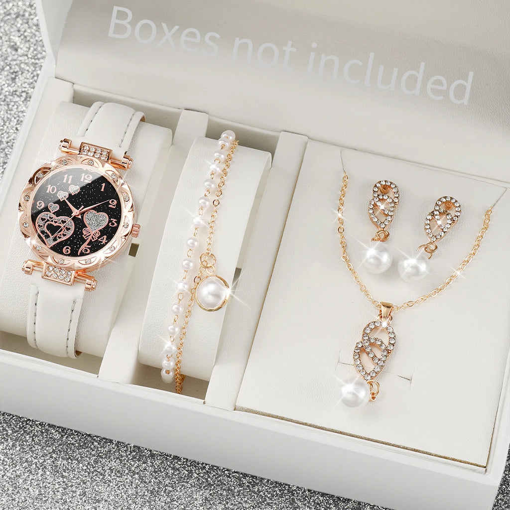 5 Pcs/Set Ladies' Watch Quartz Watch Belt Strap Small and Versatile Gemstone Five Piece Set Qme WHITE