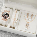 5 Pcs/Set Women's Bright Rhinestone Analog Quartz Watch Plutonium Leather Wrist Watch & Fake Pearl Jewelry Set (Without Box) Qme WHITE
