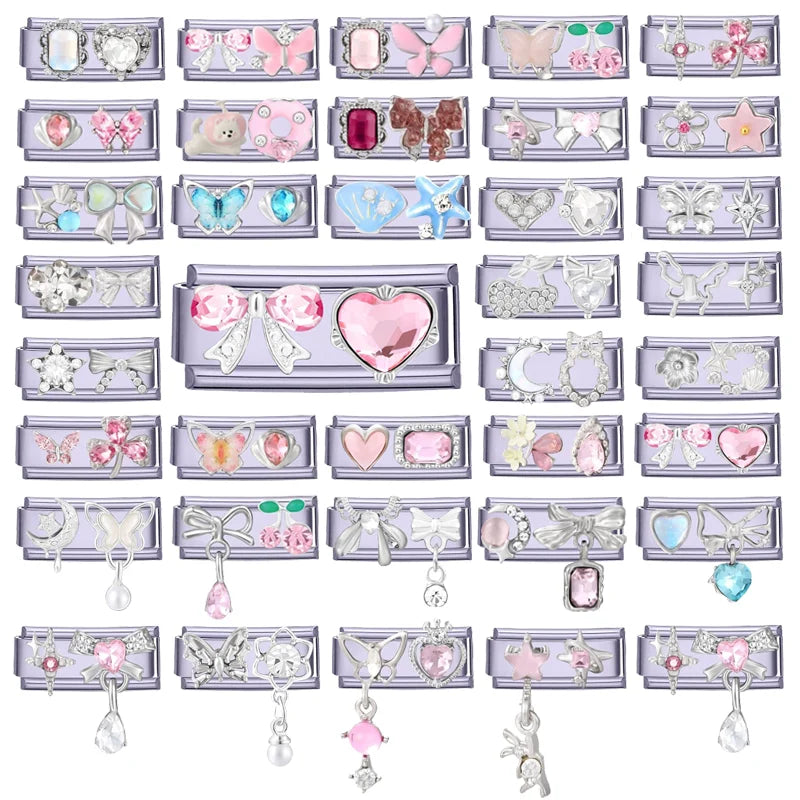 Fashion Purple Pink Butterfly Heart Crown Cherry Zircon Italian Charm Link Fit 9mm Bracelet Stainless Steel Men Women DIY Making Qme