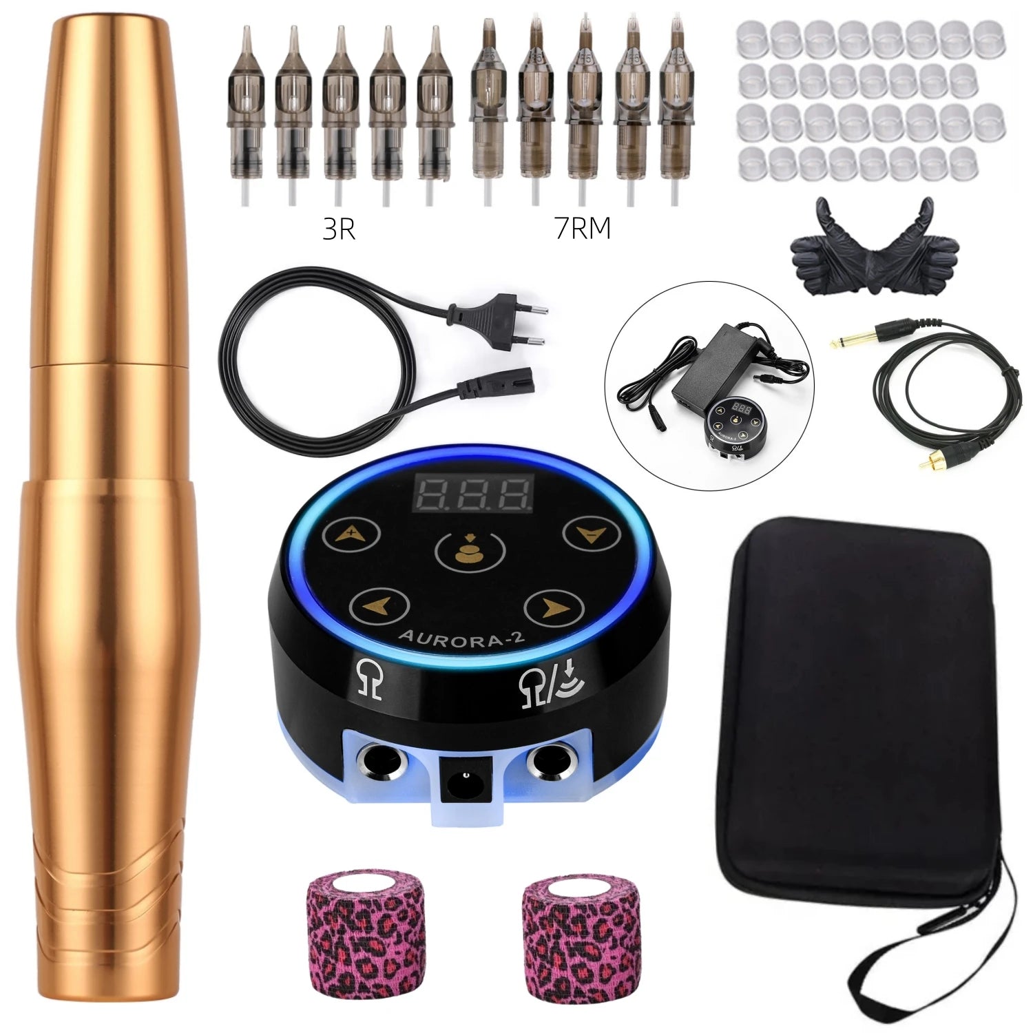 Permanent Makeup Pen Kit Set with AURORA Colorful Tattoo Power Supply PMU Tattoo Equipment for Beauty Enthusiasts Qme Gold Black Kit