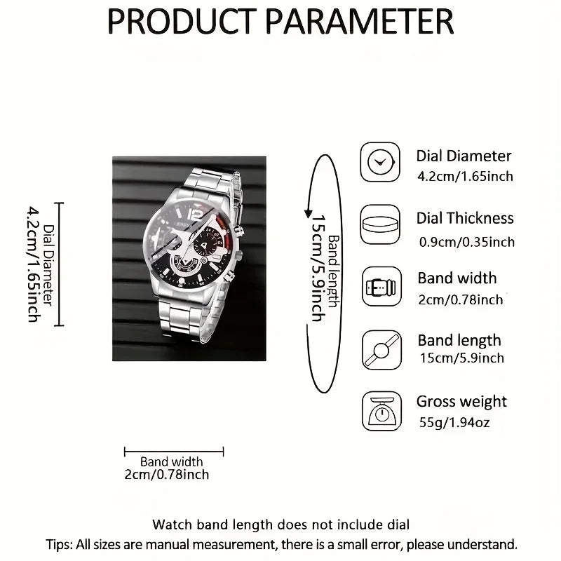 4pcs men's fashion watch set quartz sport, round zinc alloy case, imitation leather strap and stainless steel strap quartz watch Qme