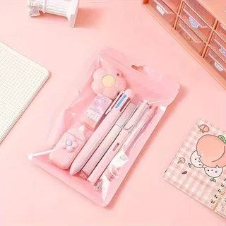7PCS Cream Color Cute Stationery Set for School, Christmas Student Gift, Kawaii Writing Supplies with Notebook Pen Qme Pink
