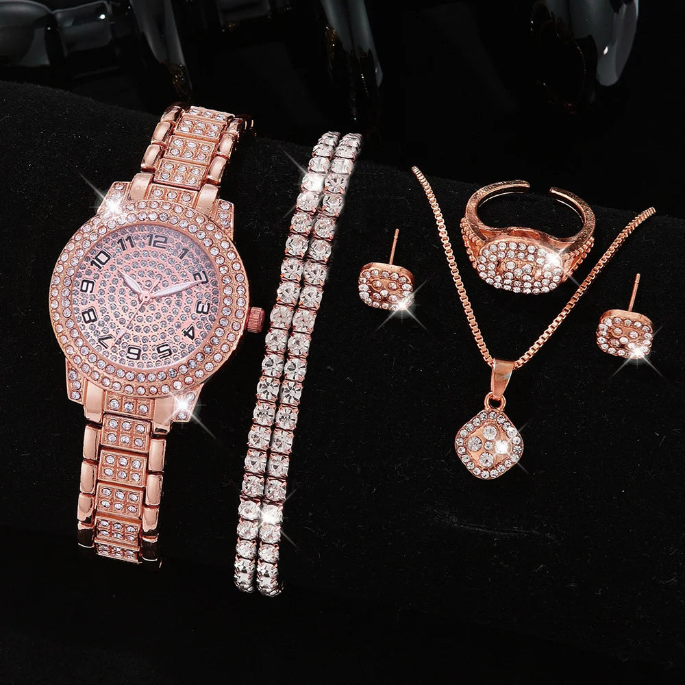 Full Diamond Roman Literal Steel Strip Watch with Starry Charm Business Quartz Watch Set Qme Meijin 2