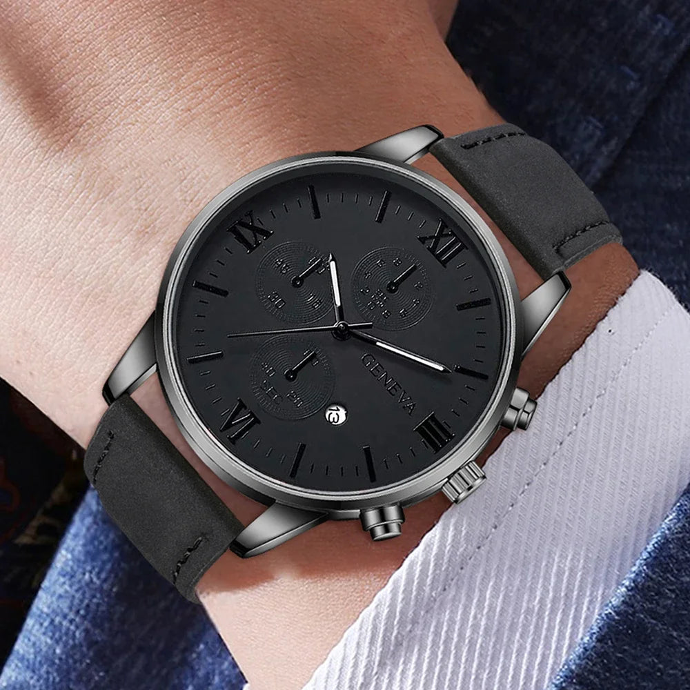 3PCS Black Men's Watch Set Business Trend Quartz Watch Bracelet Necklace Set Suitable for Daily Clothing Matching Perfect Gift Qme
