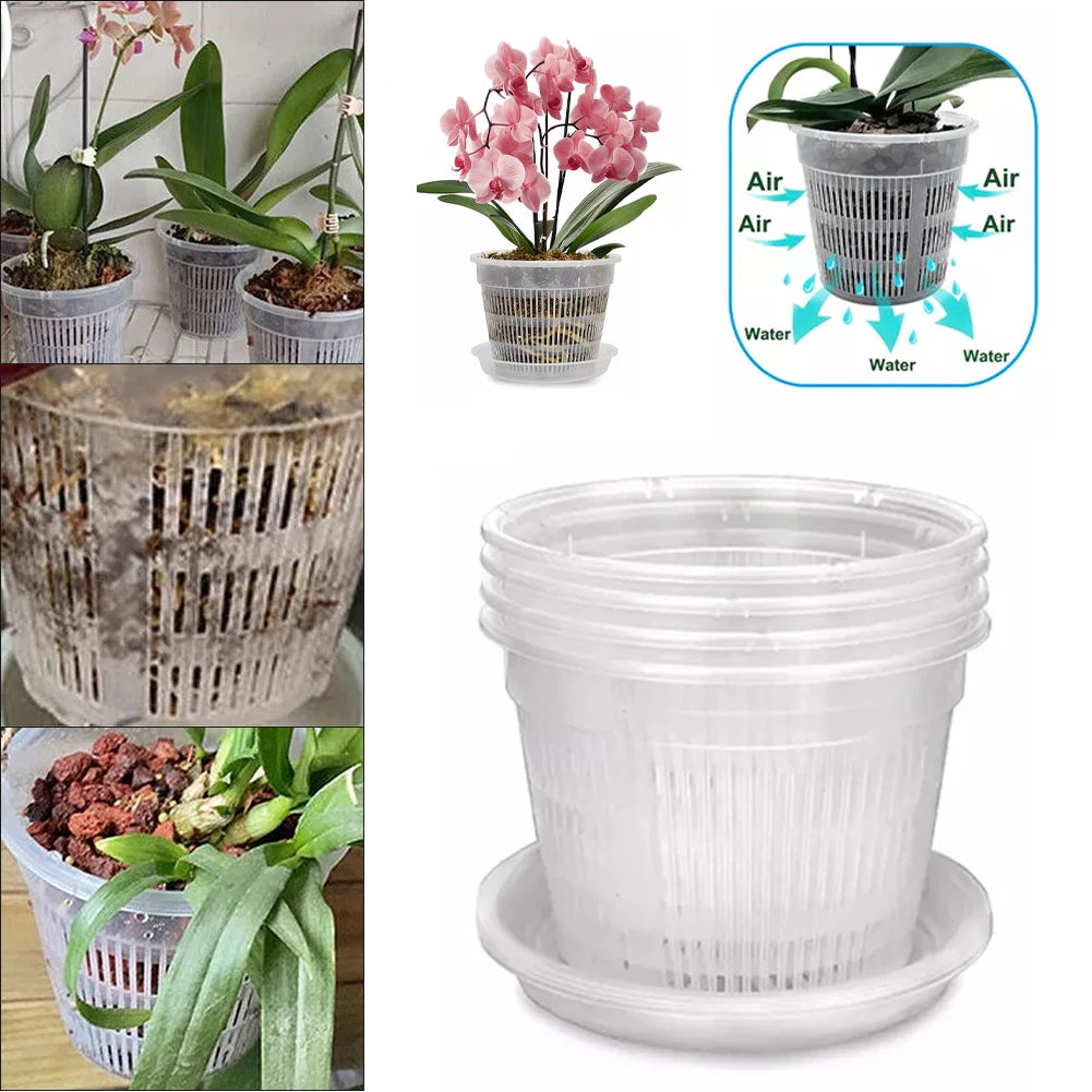 5pcs Clear Nursery Pots Garden Planting Pot Orchid Pot With Saucers Plastic Breathable Pot With Tray Repotting Pot With Holes Qme Default Title