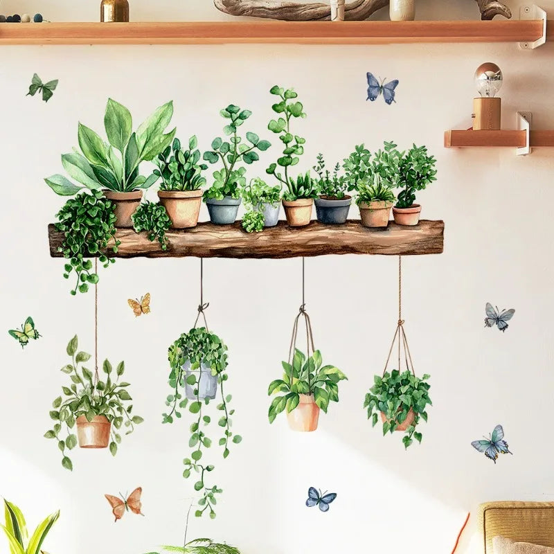 3D Potted Green Plant Shelf Wall Decals Botanical Tropical Succulent Qme