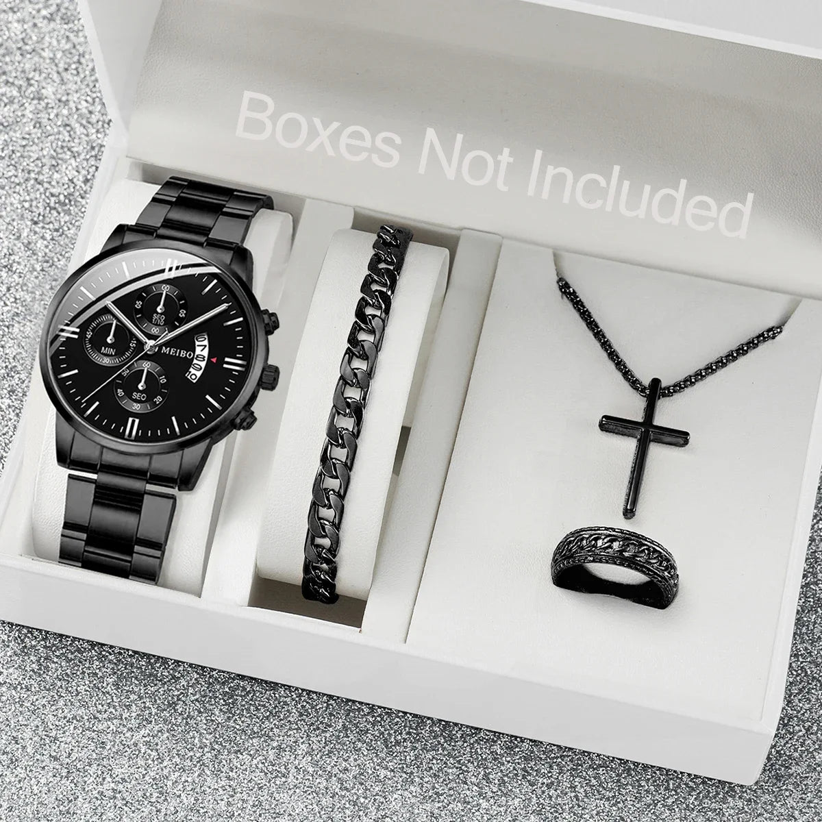 4PCS Men Business Watches Fashion Steel Band Date Quartz Watches Male Wristwatches Jewelry Set Relogio Masculino（Without Box） Qme Black Without Box