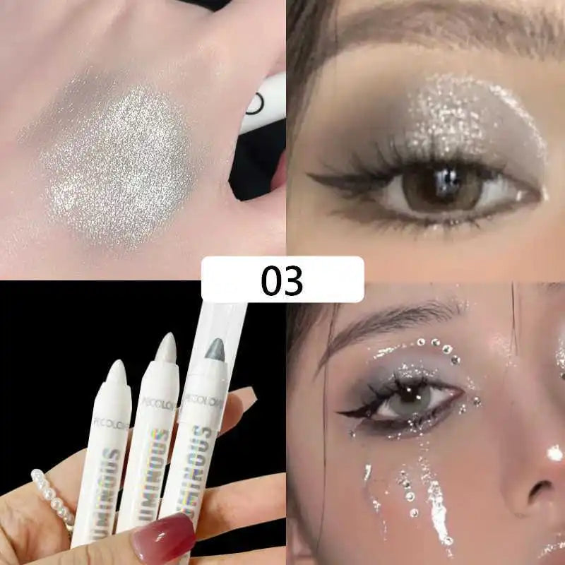 Brightening Highlighter Pen, Long Lasting Waterproof, Smooth Matte Pearly Glitter White Silvery Eyeliner Eyeshadow Stick Qme 03