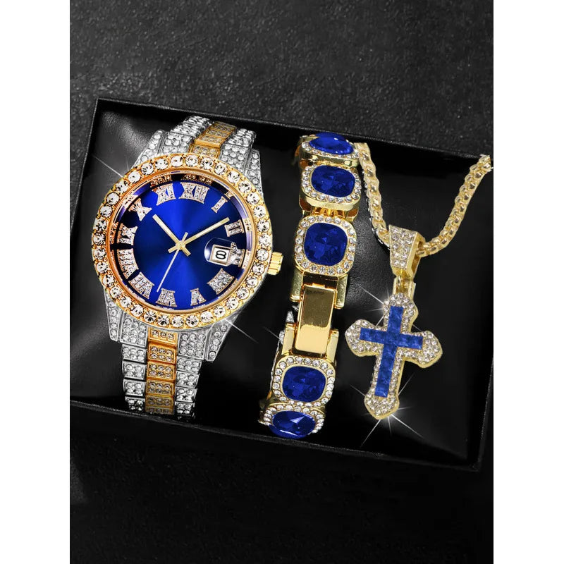 18 styles of hip-hop diamond studded quartz watches, sugar bracelets, cross necklaces, men's large dial set Qme Bronze