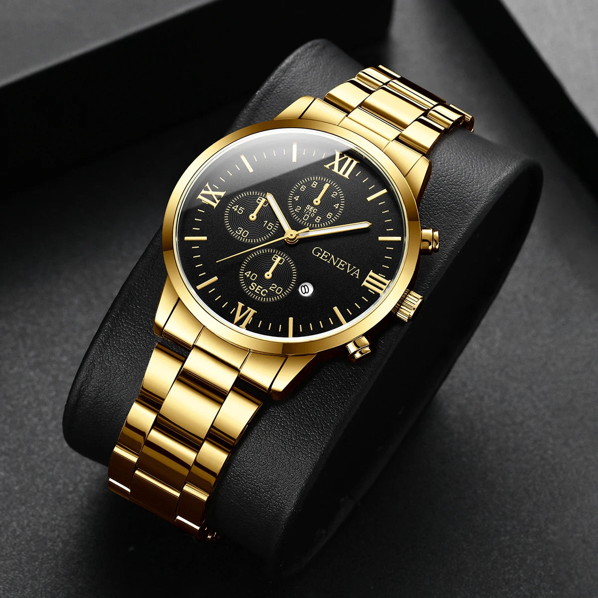 Men's steel strap watch with luminous hands, calendar stone hand, English watch, high-end feel, business watch, large dial Qme Gold