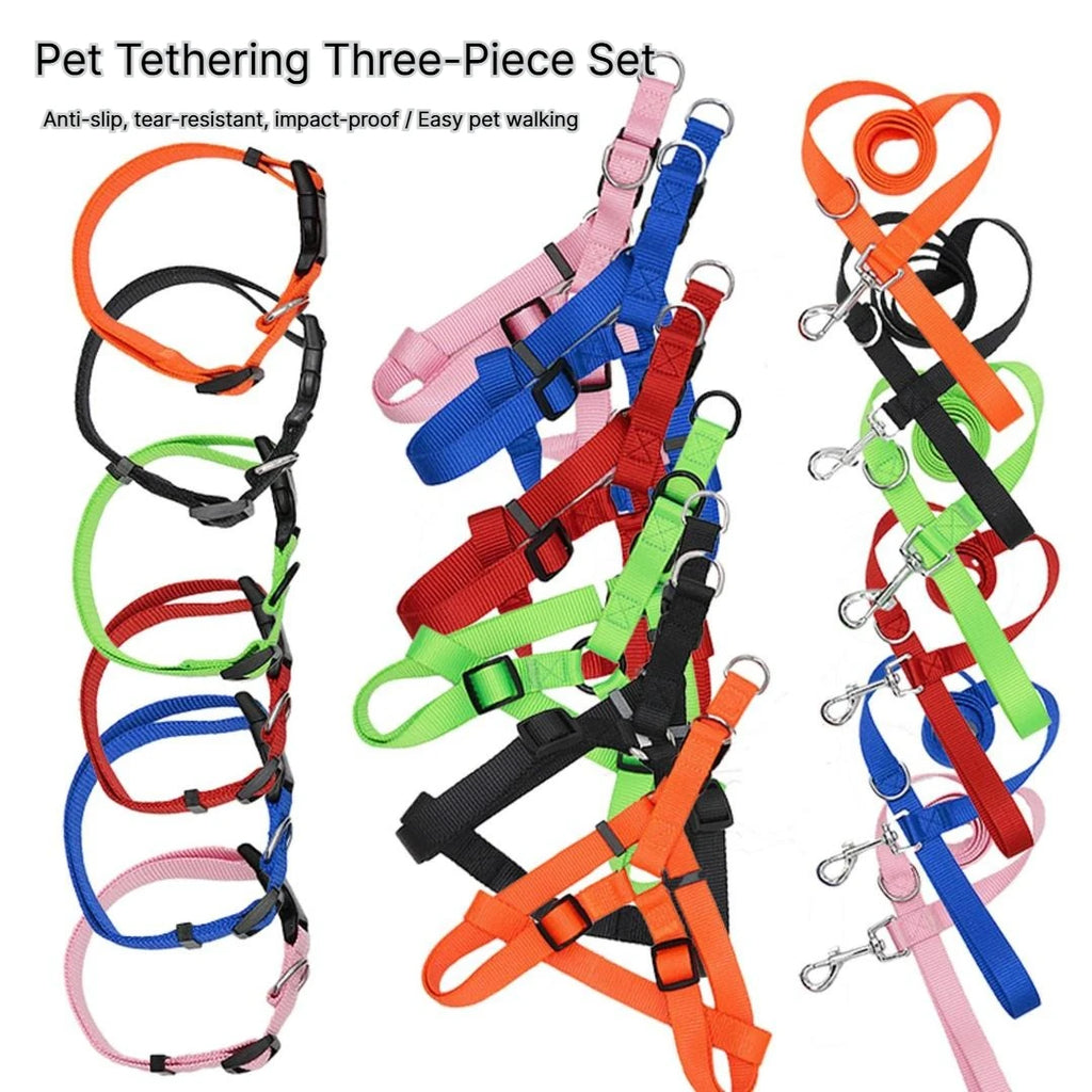 B 2/3Pcs Solid Nylon Dog Harness Collar Leash Set, Adjustable Breathable Traction Kit For Dogs Daily Walking Training Qme