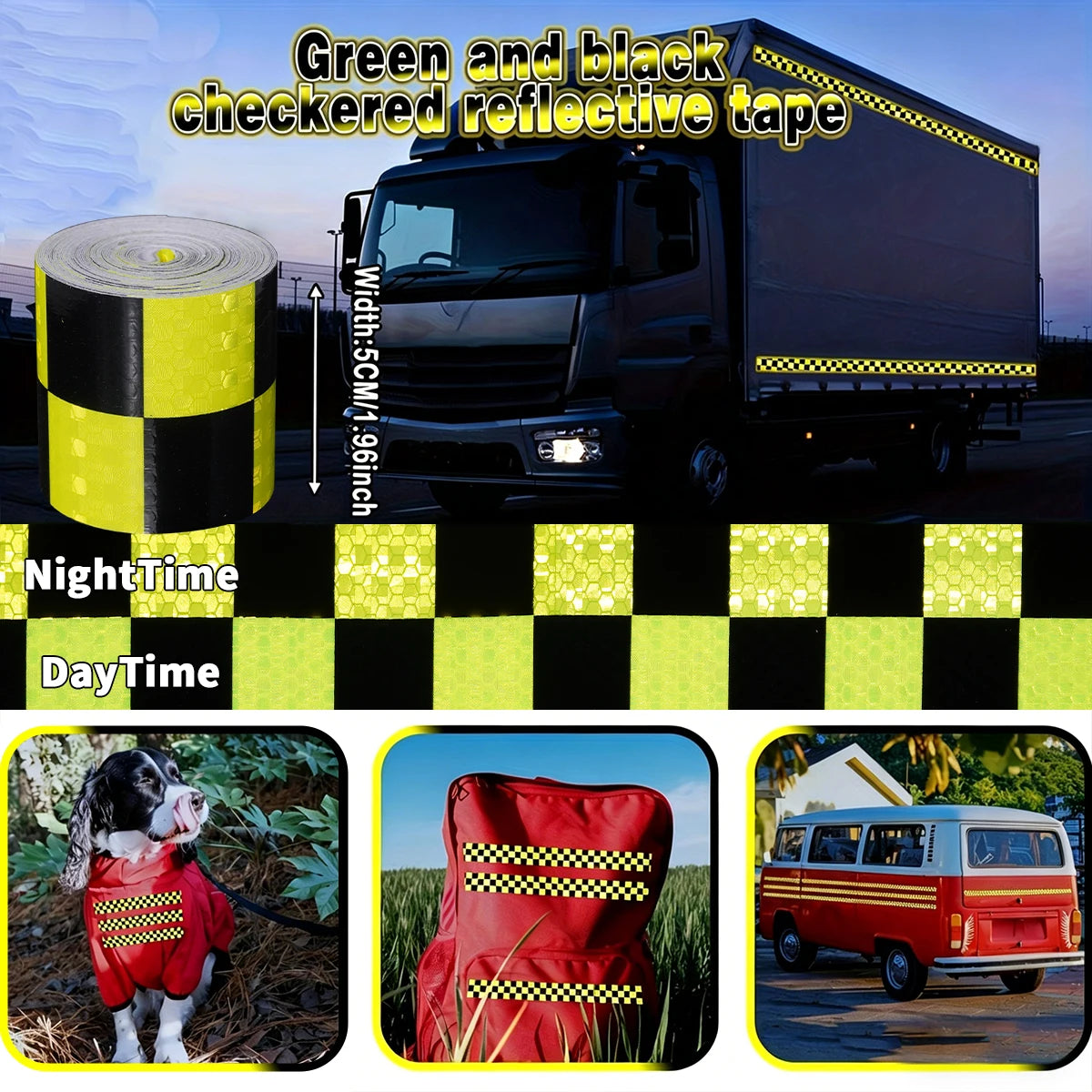 Reflective Sticker Square Grid Checkered Pattern Reflector Tape Red Yellow Fluorescent White Reflect Film For Truck Car Road Qme Green and black 5m 5cm