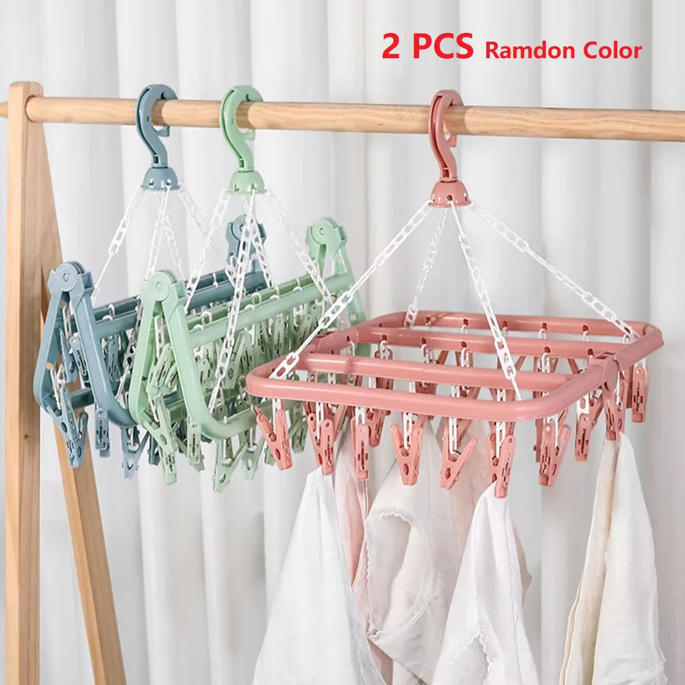 Folding Hangers Multi-Functional Windproof Socks Clip Drying Hangers Household Plastic Clothing Socks Drying Hangers Qme 2PCS Random