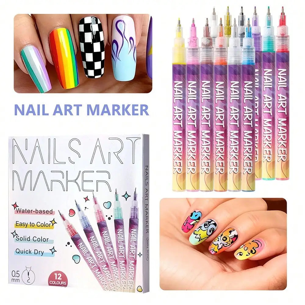 12 Nail Art Pen Marker 3D Special DIY Drawing Hook Decoration Tool Qme 1 set