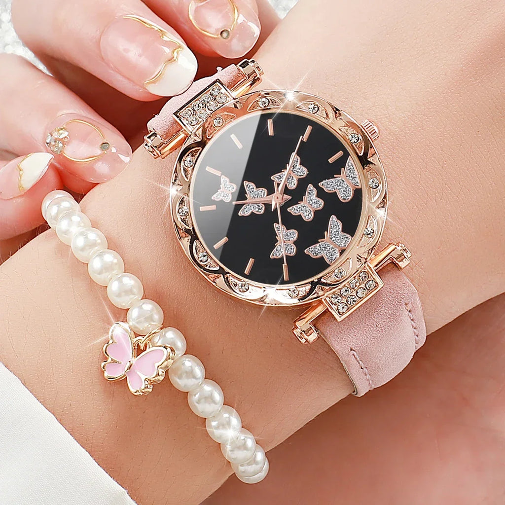 6pcs/set Fashion Butterfly Dial Women Watches Rhinestone Leather Band Quartz Watch Pearls Butterfly Jewelry Set(Without Box) Qme