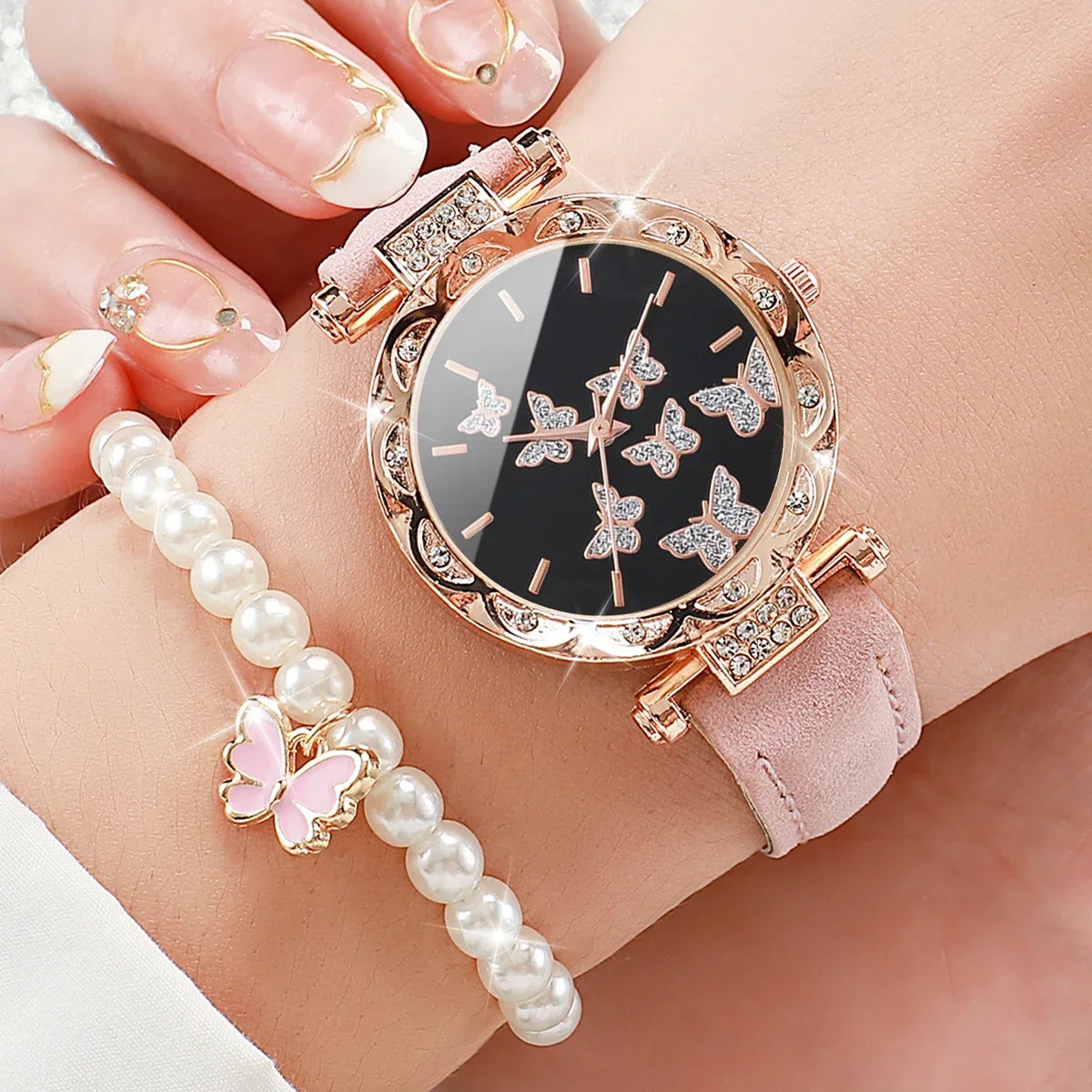 6pcs/set Fashion Butterfly Dial Women Watches Rhinestone Leather Band Quartz Watch Pearls Butterfly Jewelry Set(Without Box) Qme